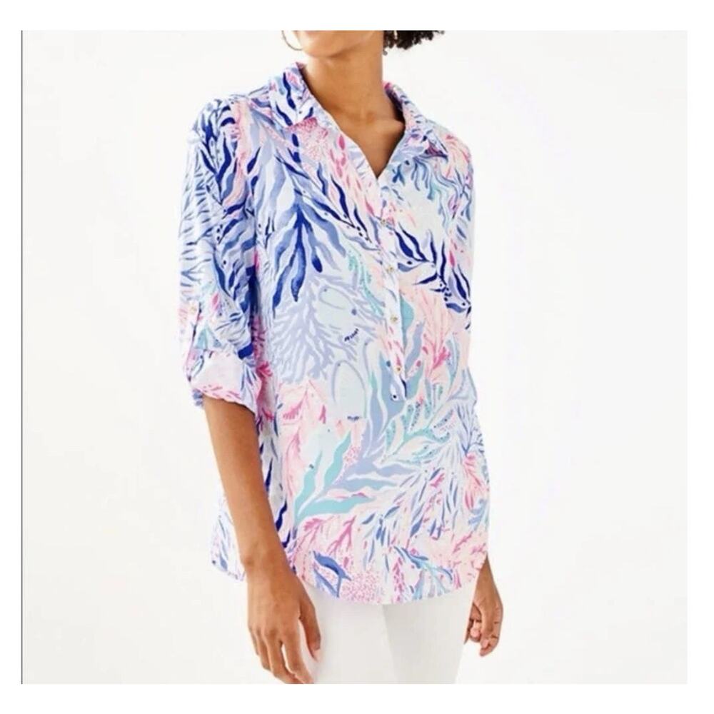 Lilly Pulitzer Captiva Tunic Shirt Sz XS Kaleidoscope Blouse Coral Resort Preppy